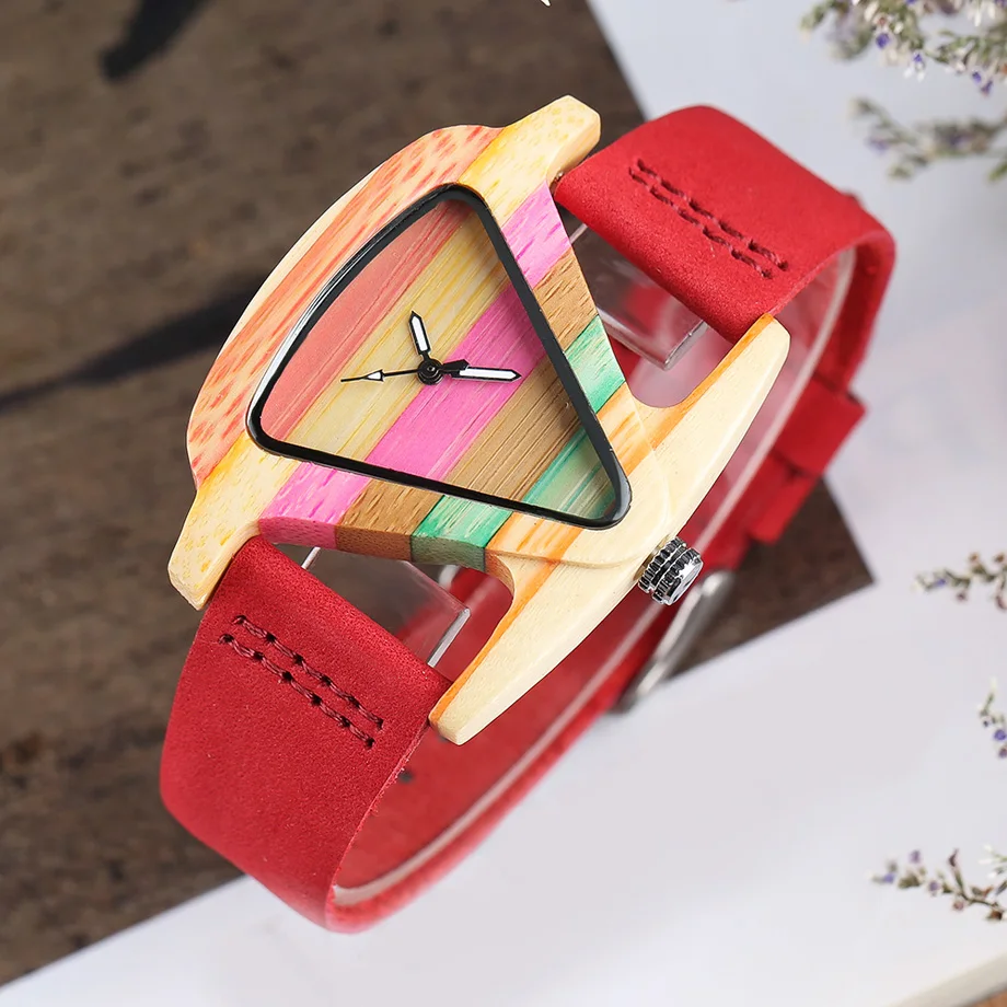 Creative Women Wood Watches Unique Colorful Wooden Triangle Hollow Quartz Wristwatch Ladies Elegant Fashion Genuine Leather Hour (21)