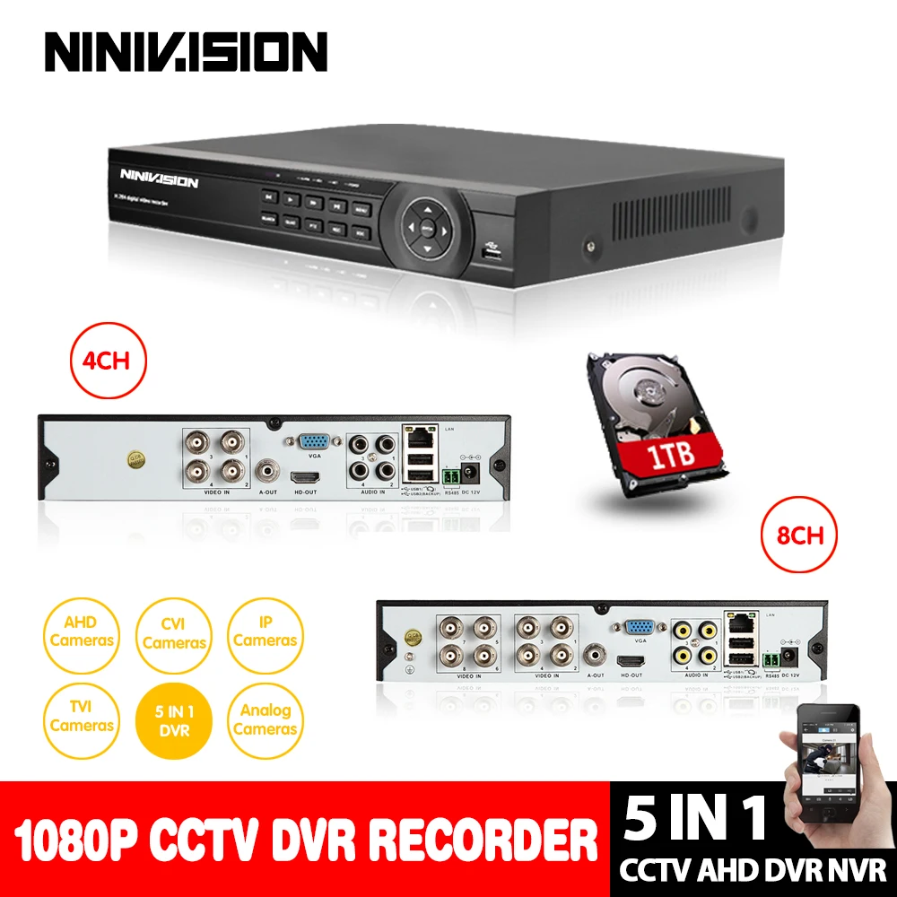 NINIVISION 5 в 1 AHD CVI TVI CVBS NVR 4Ch 8Ch 1080 P видеонаблюдения DVR NVR XVR Гибридный видео регистраторы 1080 P Onvif P2P мобильный вид