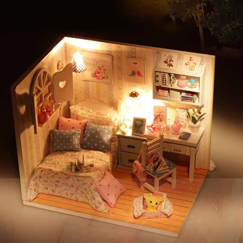 Diy деревянный кукольный дом миниатюрная кровать с светодиодный осветительный прибор пылезащитный чехол мебель подарок Миниатюрные