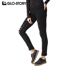 GLO-STORY Новая мода Европейский стиль женские брюки обтягивающие черные с высокой талией на молнии рваные джинсы Femme WNK-2105