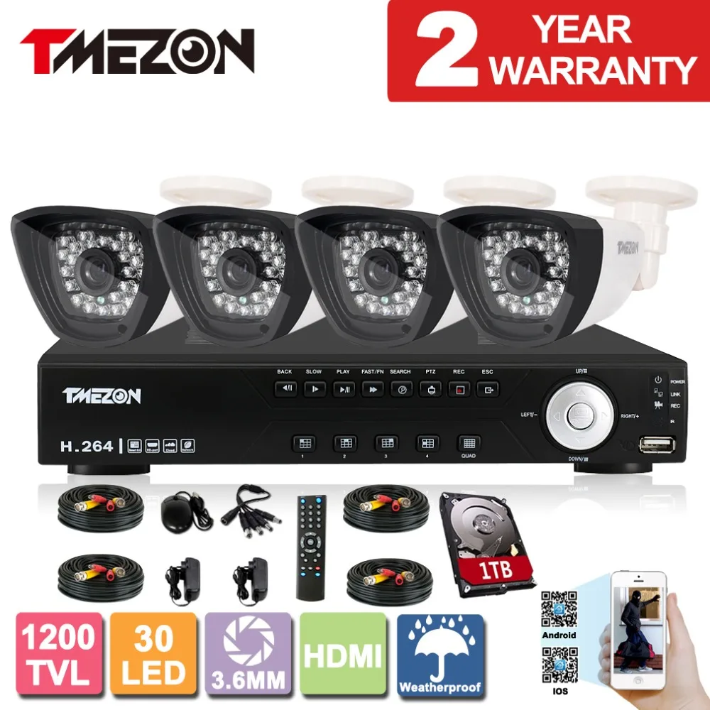 

Tmezon  1/3" Color CMOS with IR-Cut  1200TVL 4CH HDMI  DVR Bullet CCTV Security Camera System With 1TB