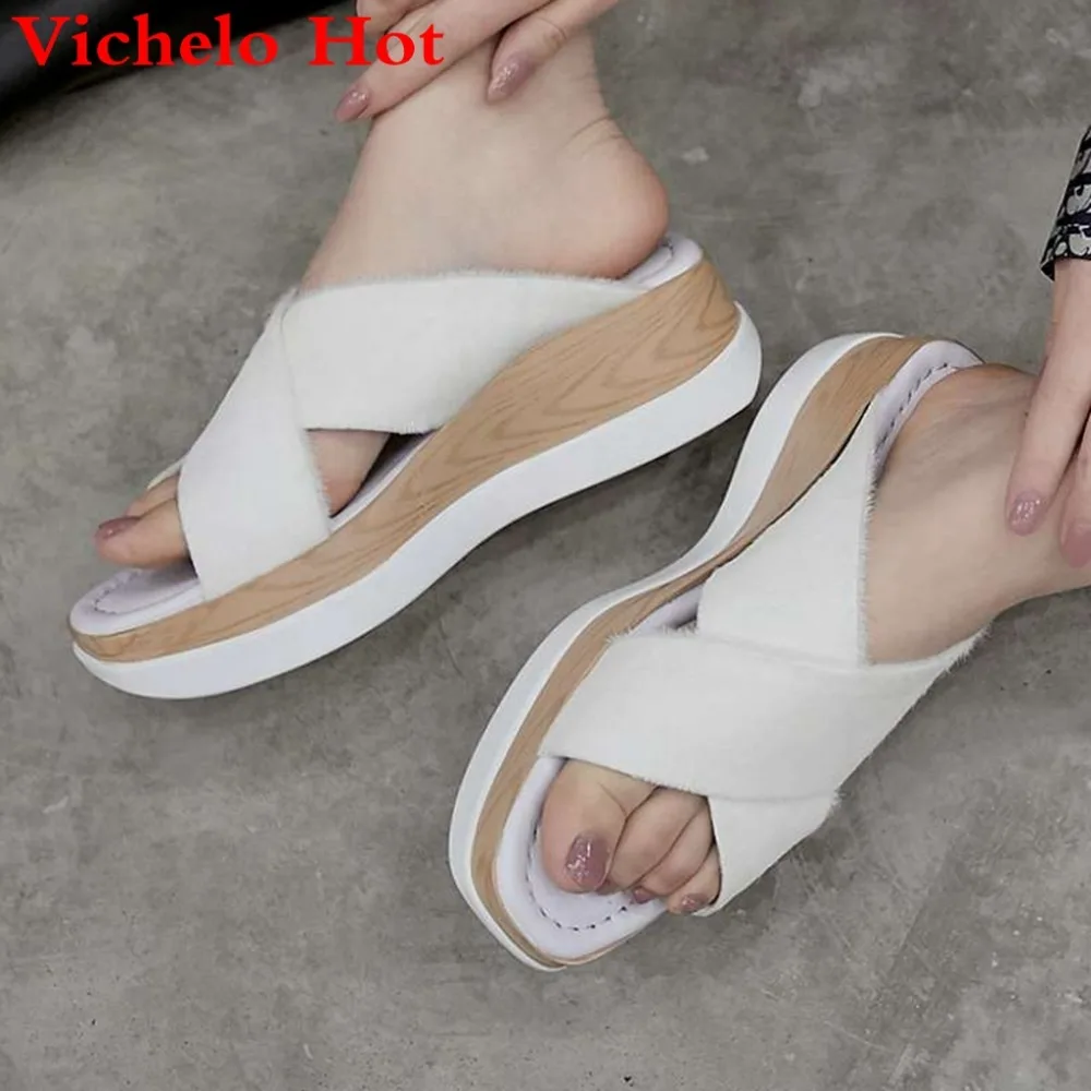 

Vichelo Hot luxury horsehair slip on mules med bottom peep square toe women sandals vintage retro European model style shoes L63