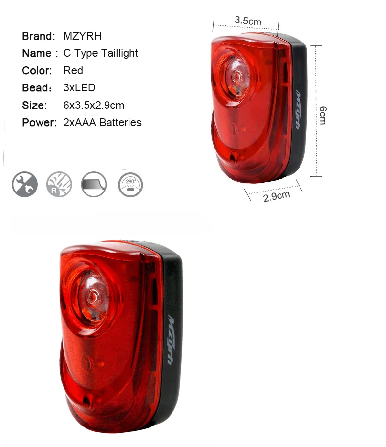 Excellent MZYRH Bicycle Rear Tail Light Red LED Flash Lights Cycling Night Safety Warning Lamp Bike Outdoor Riding Tail Light Accessories 22