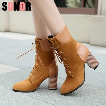 

2019 Spring Autumn New Hot Sale Dropship 34-43 Women Square heel Ankle Boots lace-up Motorcycle Boots High Heels Shoes Woman