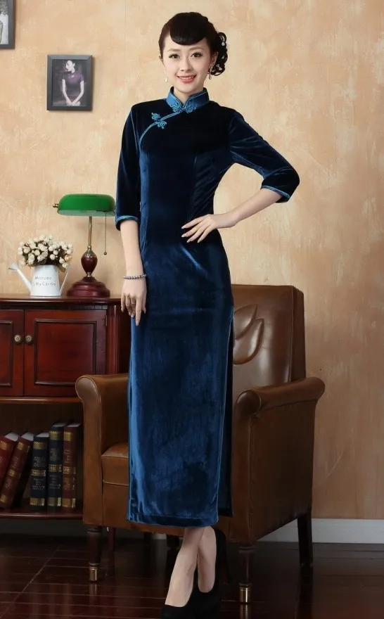 Fashion Navy Blue Chinese Tradition Women S Silk Velvet Solid Long