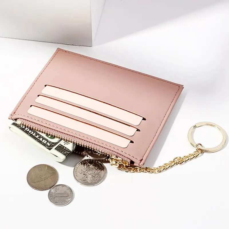 Women Mini Slim Leather Card Holder Front Pocket Fashion Lady Girls Small Wallet Bus Card Coin Holder Change Purse with keychain