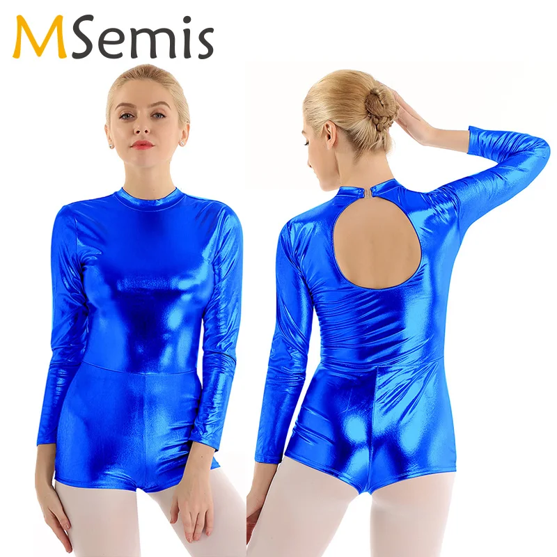 

Ballet Leotard for Women Shiny Metallic Mock Neck One Piece Long Sleeves Keyhole Back Leotard Ballet Dance Costume Biketards