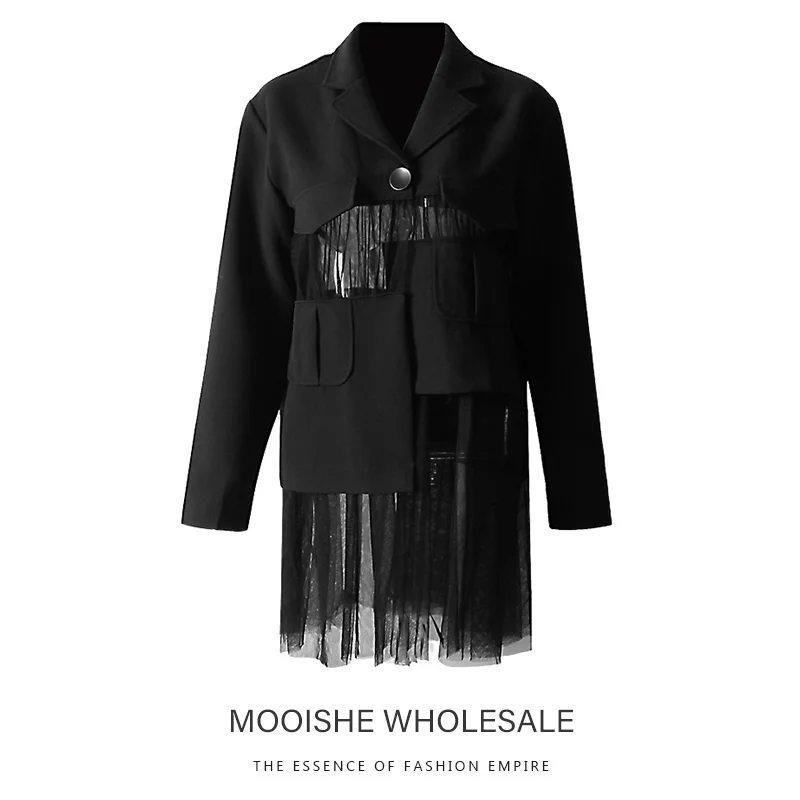 

Splicing Mesh Gauze Long Balzer Women One Button Long Sleeve Spring Coat