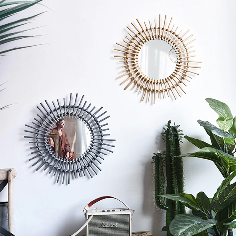

rattan dressing makeup mirror creative art decoration round mirror B&B living room wall wall hanging mirror