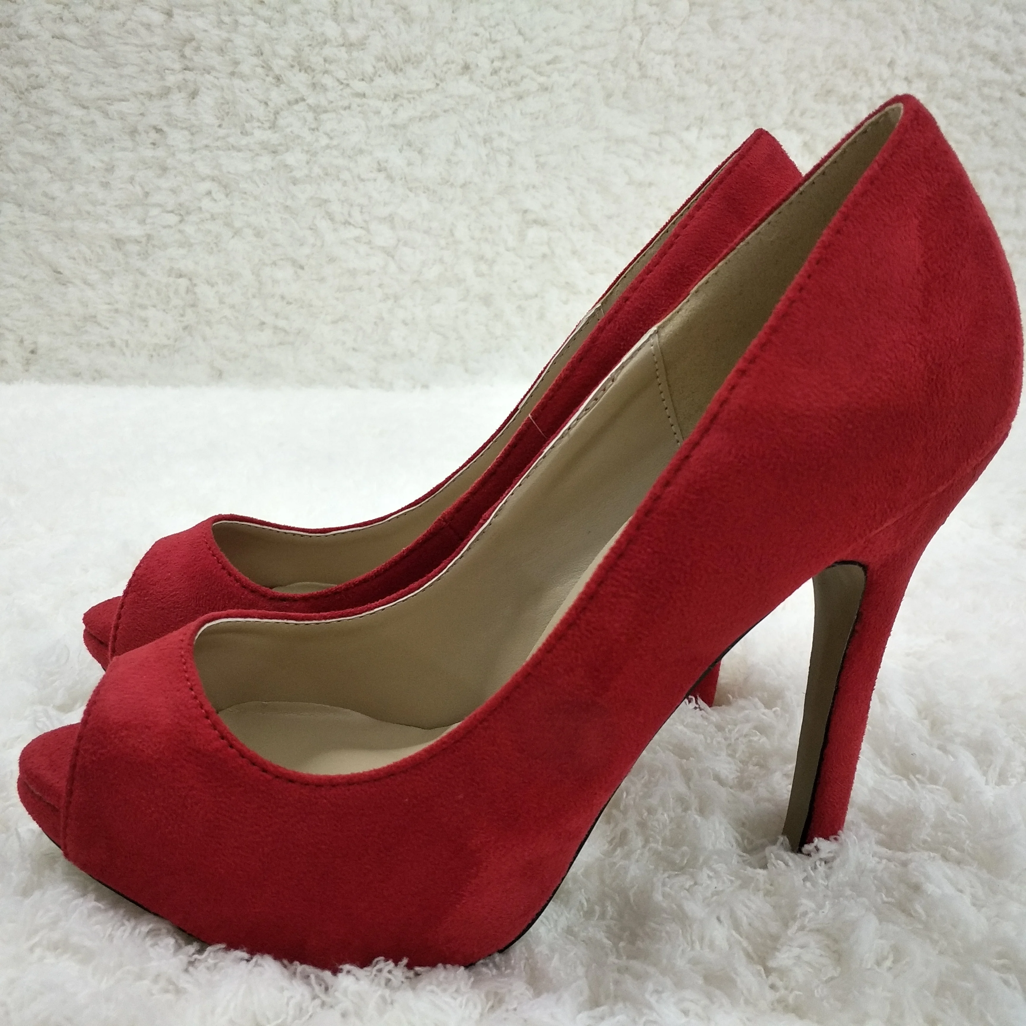 

Women Stiletto Thin High Heel Pumps Sexy Peep Toe Red Suede Party Ball Bridals Lady Shoes T8
