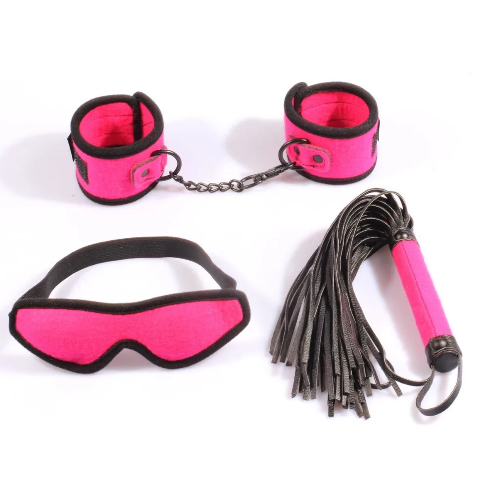 Adult restraint kit for beginner hand cuffs, blindfold, leather whip