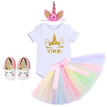 Комплект детской одежды из 4 предметов для девочек Единорог детская одежда комплект для малышей наряд для первого дня рождения костюм для Cake Smash Юбка для девочек Комбинезон Детская обувь повязка на голову, комплект детской одежды