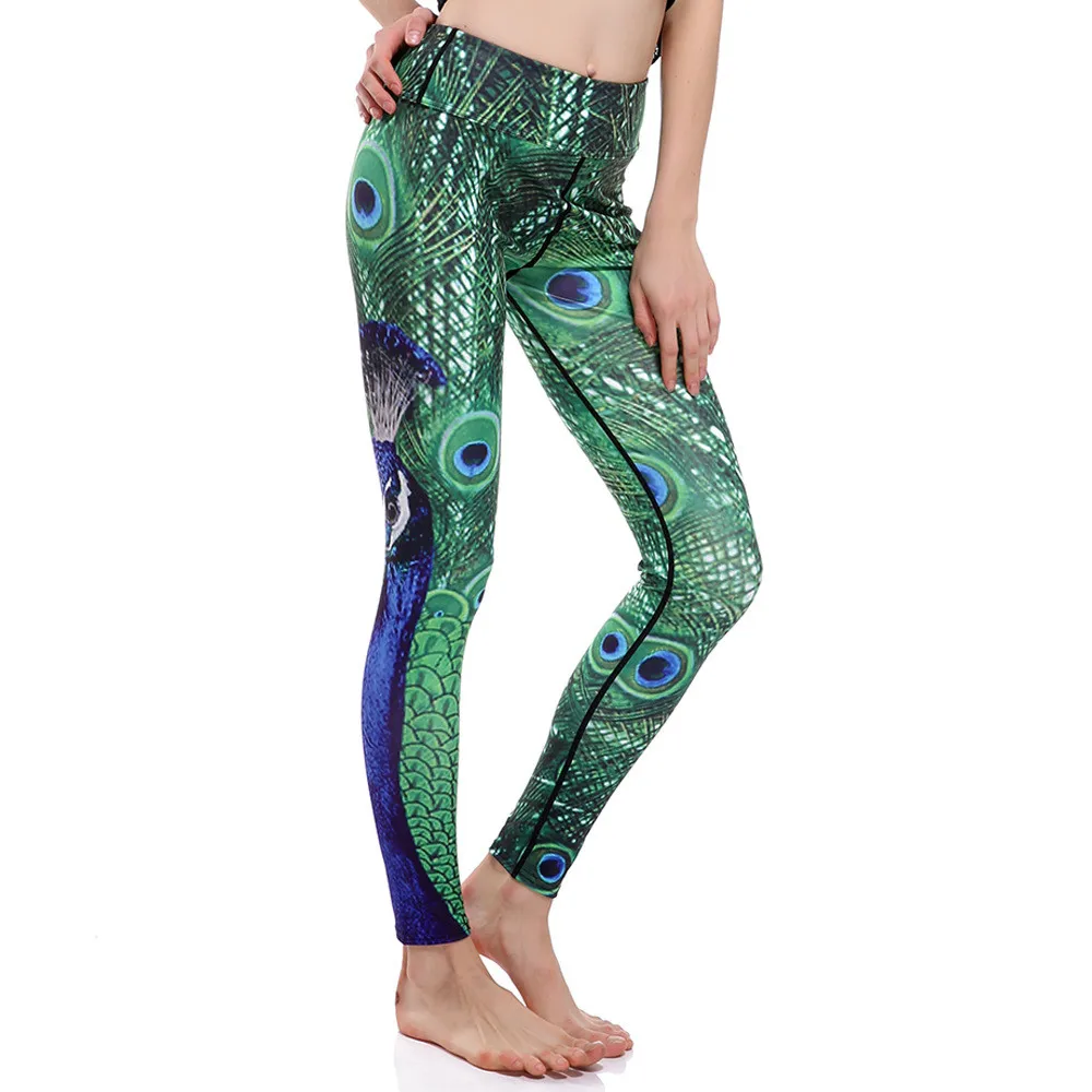 Women Peacock Feather Print Fitness Quick Dry Exercise Leggings High