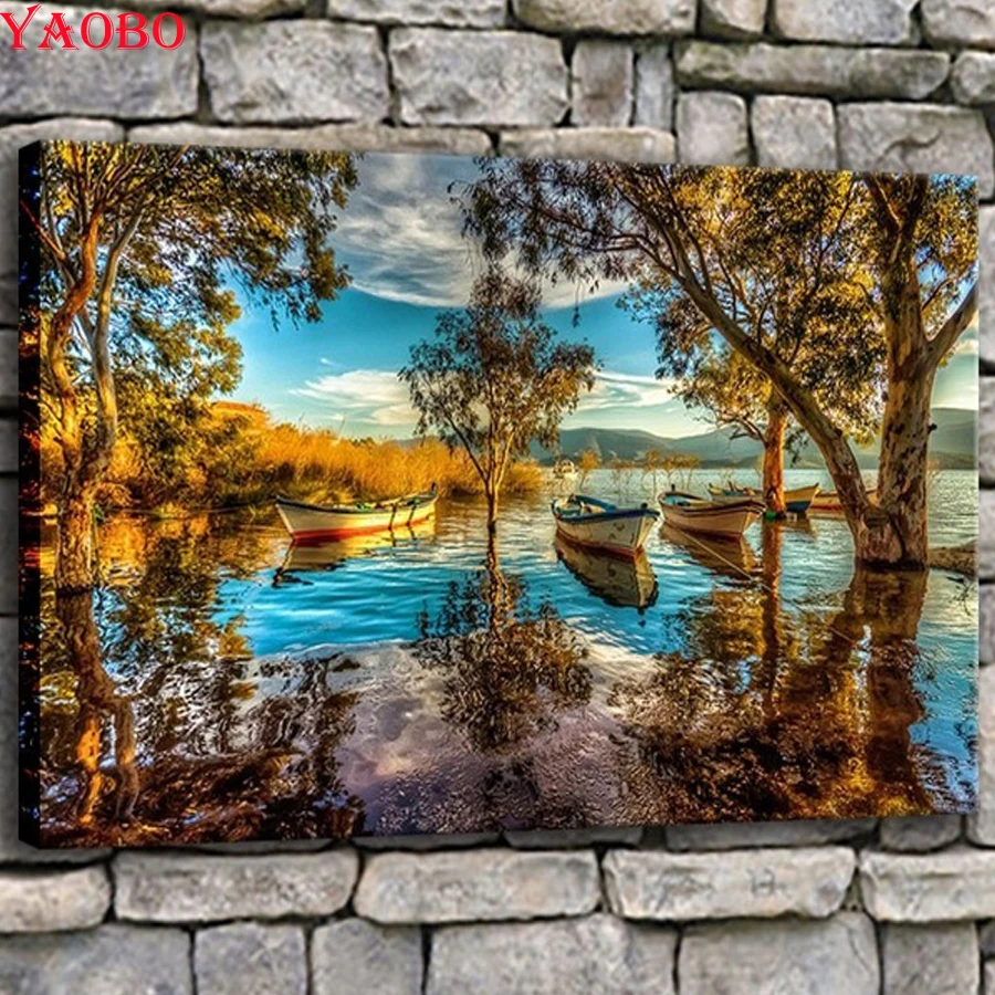 

5D Diamond Painting Bafa Lake Turkey Pictures Autumn Trees Boat Scenery Diy Paintings Diamond Embroidery Full Square Round Drill