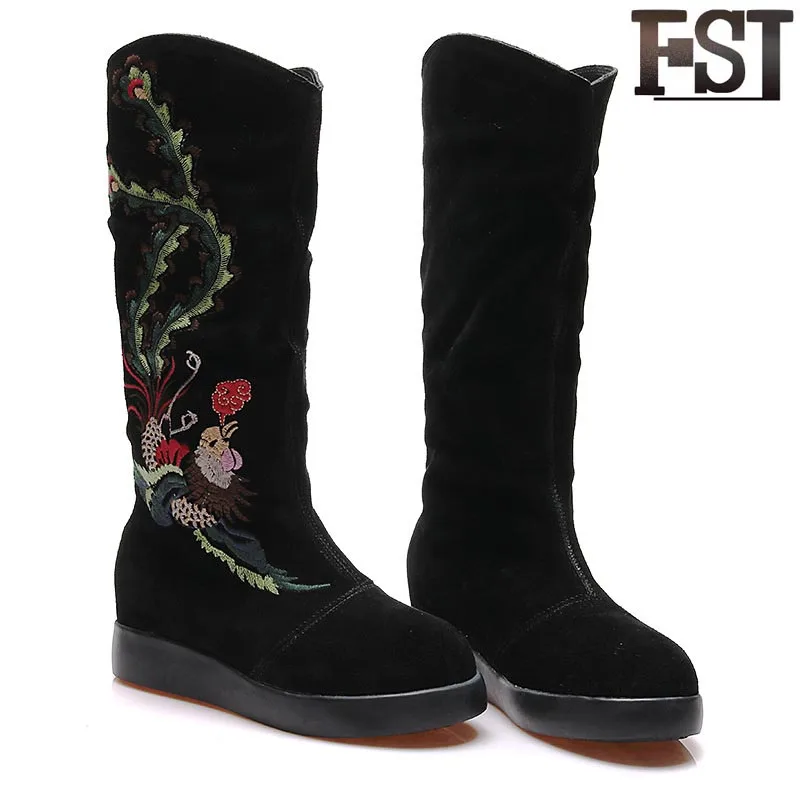 

FSJ Genuine Suede Black Round Toe Solid Flat With Chinese Style Thick Plush Rubber Totem Winter Floral Shoes Ladies Fashion