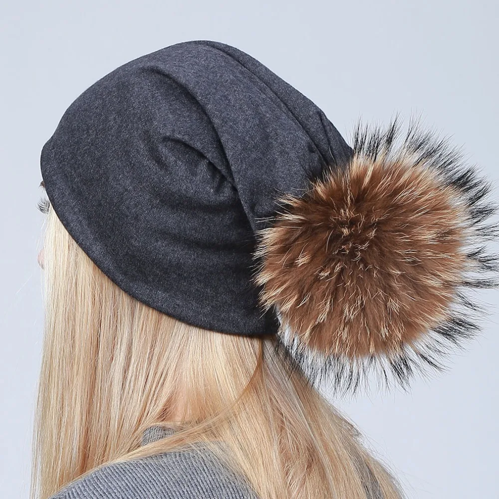 Geebro Women's Beanie Hat with Pompom Spring Cotton Beanies Hats with Raccoon Fur Pompon Skullies Balaclava Caps For Girls JS294 2