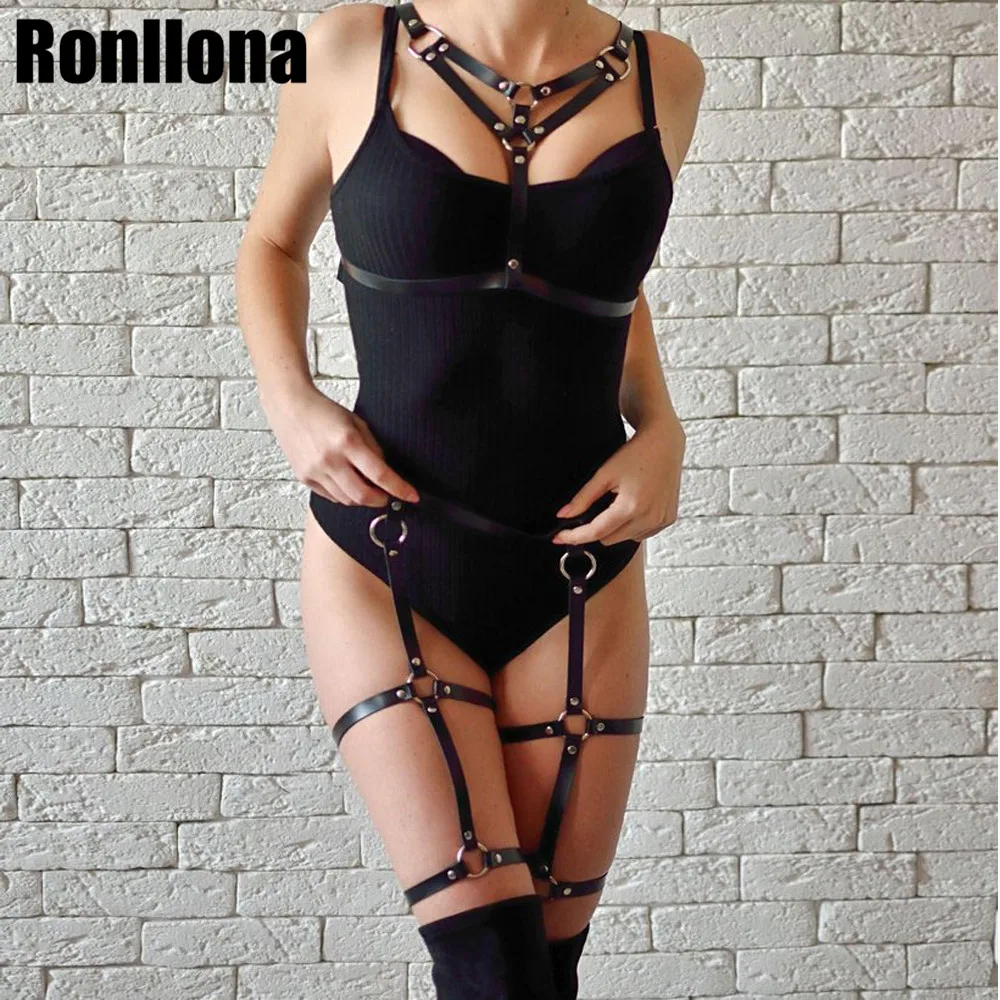 

Leather Harness 2 Pcs Set Garters Belts Sexy Women Waist To Leg Bondage Cage Body Straps Bra Cage Grater Body Belts Chest Fetish