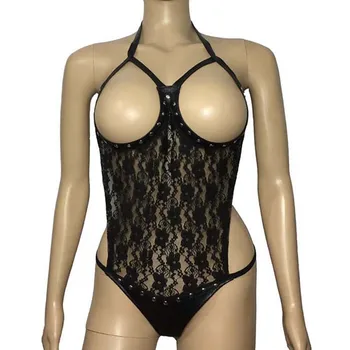 Sexy Lingerie Open Breast Cupless Sheer Lace Teddy with Riveted Leather Backless Leotard Bodysuit Playsuit Fetish Queen Costume self tie open back lace teddy