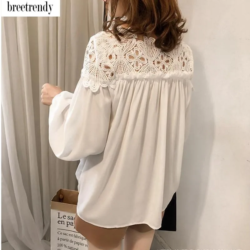 En Mousseline as Crochet Solide Patchwork Noir Noir Blouse De Couleur Picture O Blusas 2018 Tops Soie Floral Blanc Nouveau Cou Femmes Blouses xw0n80