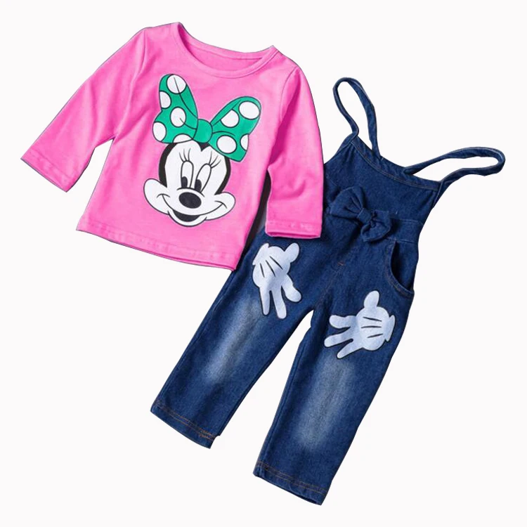 New Minnie Girls Clothing Sets Spring Casual Children Suspenders Sets Full Sleeve Cotton shirt Bow Jeans