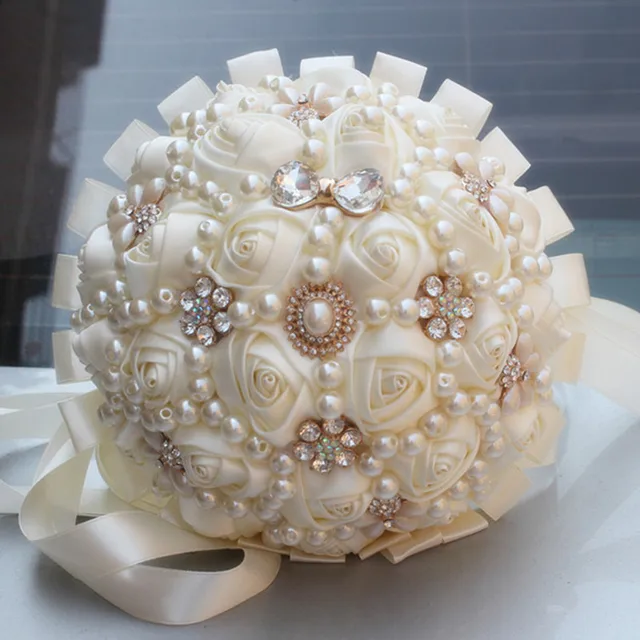 Handmade Pearl Ivory Cream Wedding Bouquet Mariage Artificial Handmade Pearl Ivory Cream Wedding Bouquet Mariage Artificial Flowers Ribbon Rose Half Ball Foam Sch Bridal