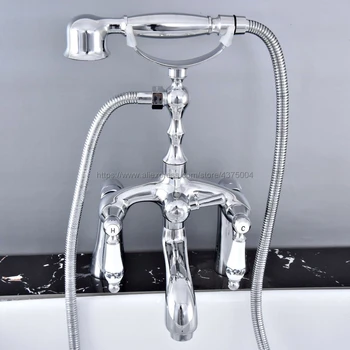 

Polished Chrome Deck Mounted Tub Mixer Faucet Dual Handle Hot and Cold Water Tap Telephone Style + hand shower Ntf761