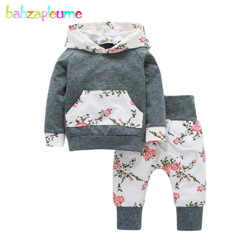 Spring Autumn Newborn Baby Girls Clothes Cute Flowers Hooded T-shirt+Pants Sport Suit Infants And Toddler Clothing Sets BC1769-1