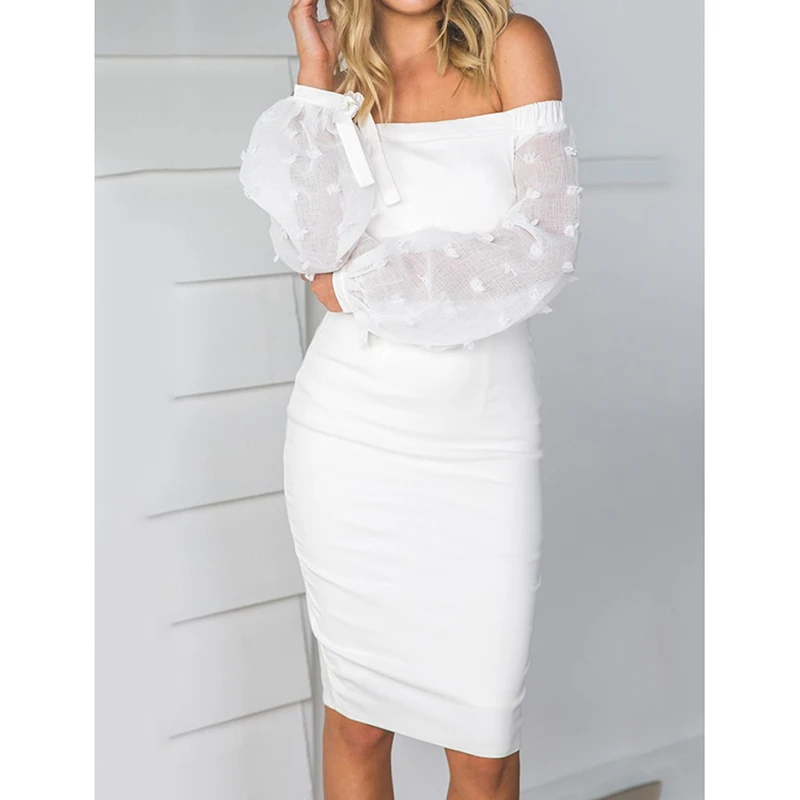 

2017 new Women fashion clothing dress Long Sleeve mesh floral patchwork Bandage Bodycon off shoulder sexy pencil dress