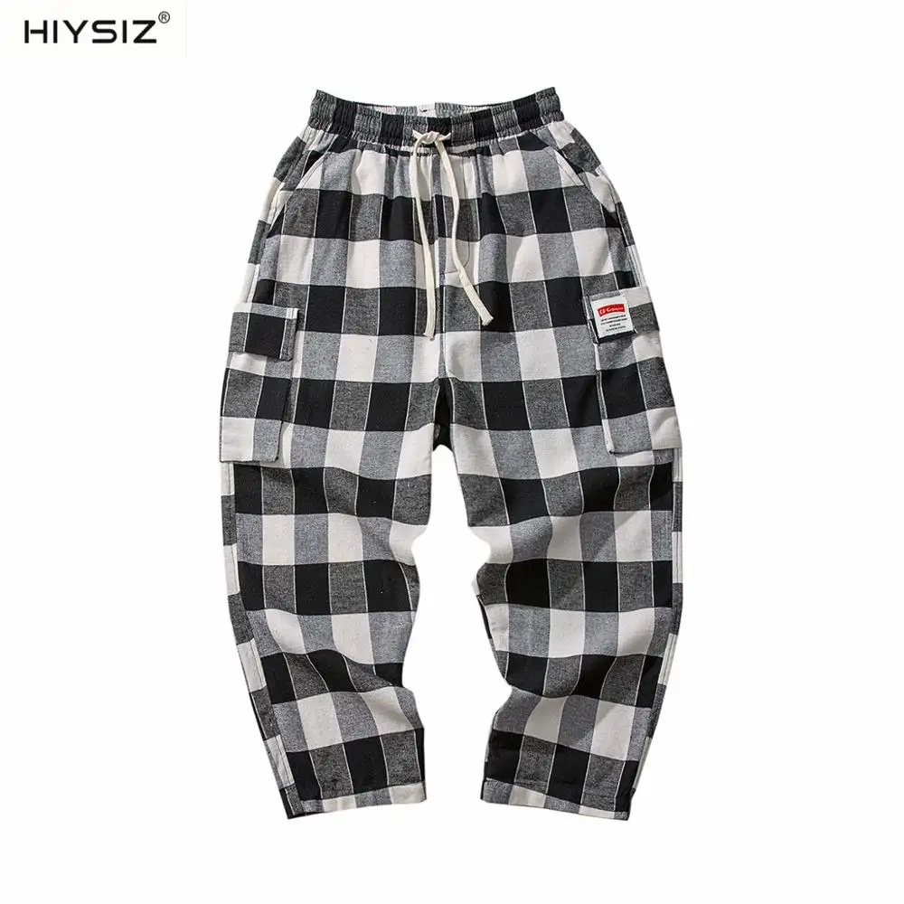 

HIYSIZ NEW Pants Fashion Trend Korean version streetwear casual plaid seven minutes pants male loose wide leg pants Summer ST422