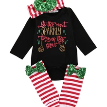Рождественский новорожденного для маленьких девочек Комбинезон в полоску Леггинсы Рождественская одежда наряды