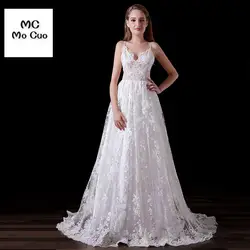 Элегантный Vestidos De Noiva длинные свадебное платье 2017 Сексуальная Спагетти Бретели для нижнего белья аппликации Кружево развертки Поезд Тюль