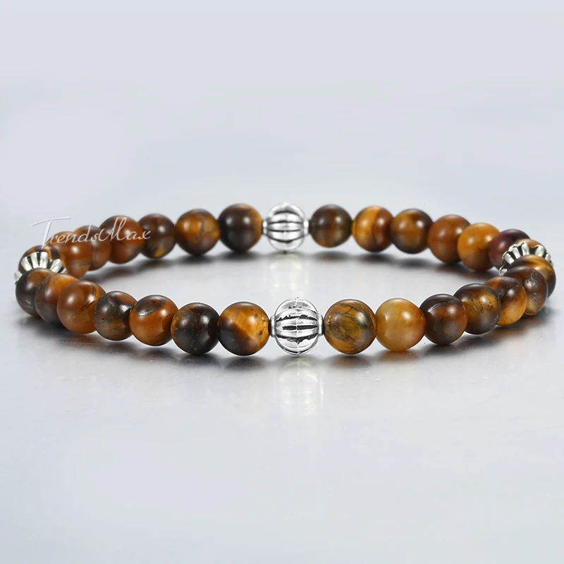 Natural Tiger Eye Stone Bead Bracelets For Women Men Brown Stainless