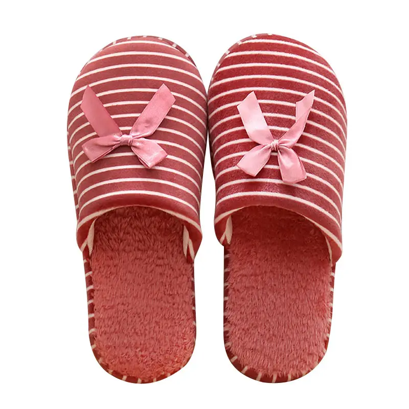 

Autumn Winter Cotton Home Slippers Women Indoor Simple Japanese Striped Bow Soft Slippers Couples Floor Shoes for Bedroom