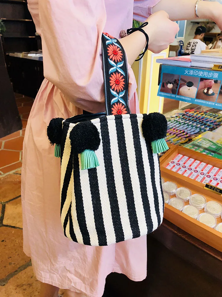 LilyHood Striped Canvas Shoulder Bag Female Cute Sweet Kawaii Black and White Striped Pom Pom Bucket Top Handle Crossbody Bag