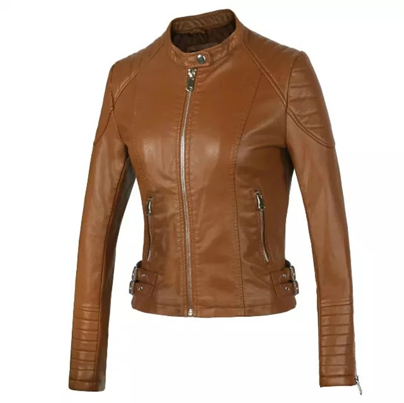 Autumn Winter Women Faux Leather Jackets and Coats Lady Pu Motorcycle Brown Zipper Coat Streetwear Biker Outerwear - Цвет: Коричневый