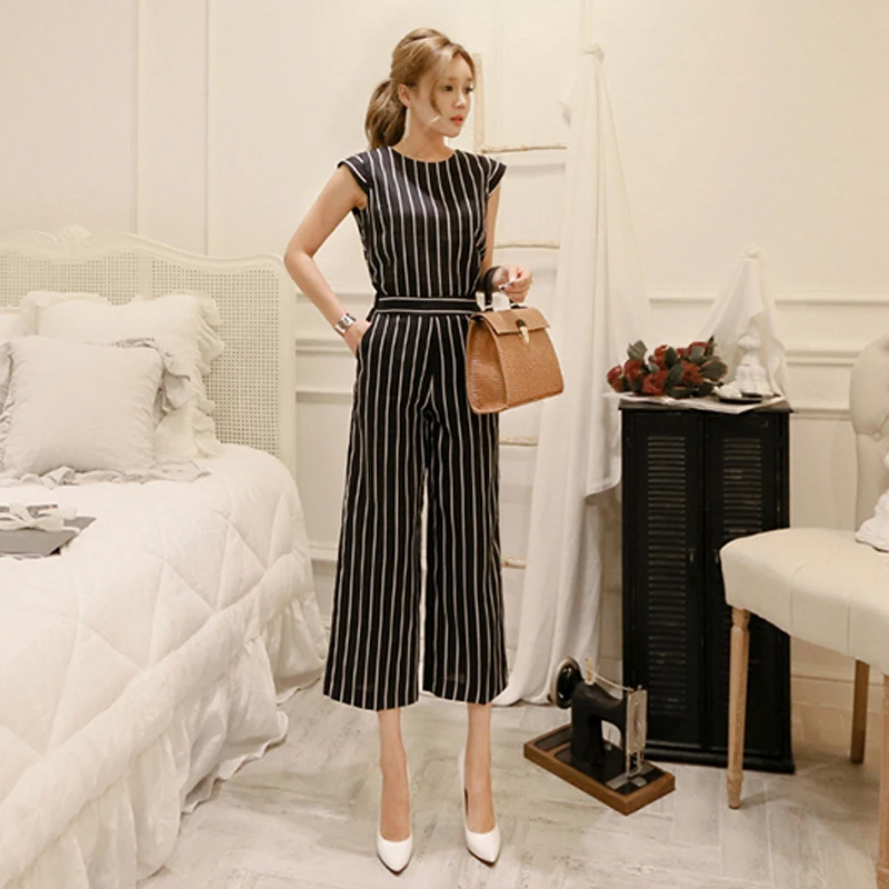 

2 Pieces Set Striped OL Suits Sleeveless Sash Tops and High Waisted Wide Leg Pants Fashion Summer Womens Set 2018