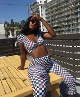 Aliexpress hot style digital printed black and white checked leggings two-piece set H9394