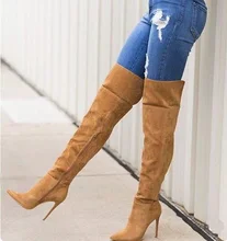 High Quality Winter Women High Boots Pointed Toe Brown Suede Leather Slim Over The Knee Thigh High Stiletto Boots Side Zipper High Quality Winter Women High Boots Pointed Toe Brown Suede Leather Slim Over The Knee Thigh High Stiletto Boots Side Zipper