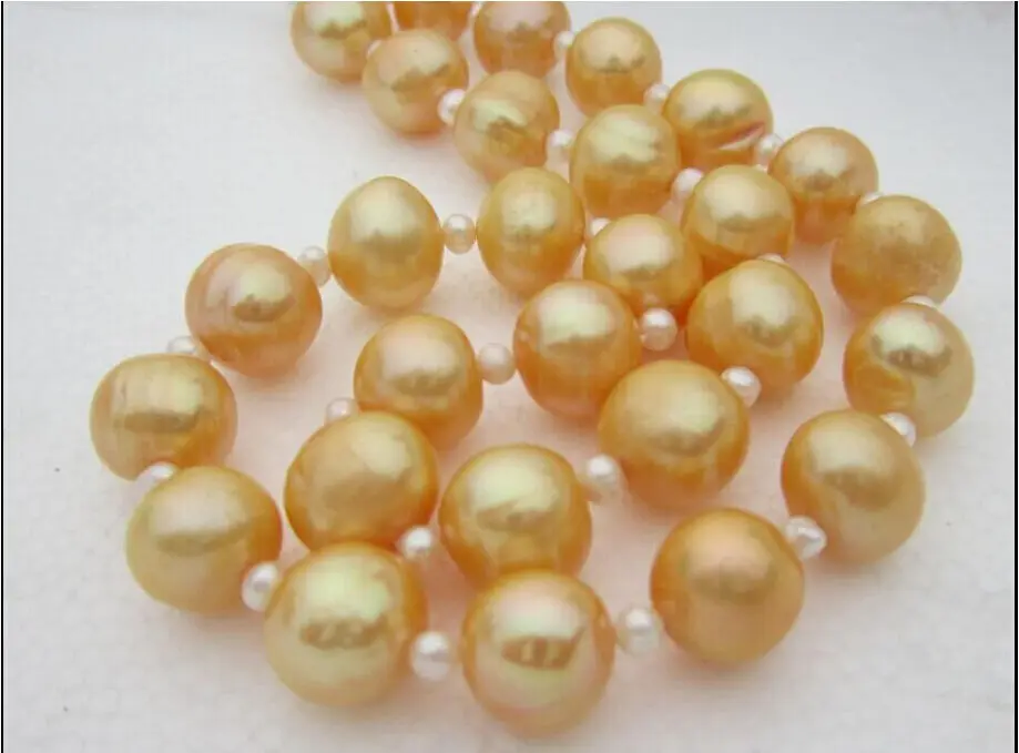 

free shipping charming + 12-13MM natural real south sea gold pearl necklace t