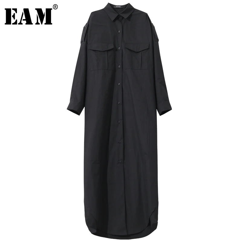 

[EAM] 2019 New Spring Auutmn Lapel Long Sleeve Pockets Button Loose Thin Long Big Size Shirt Women Blouse Fashion Tide JY403