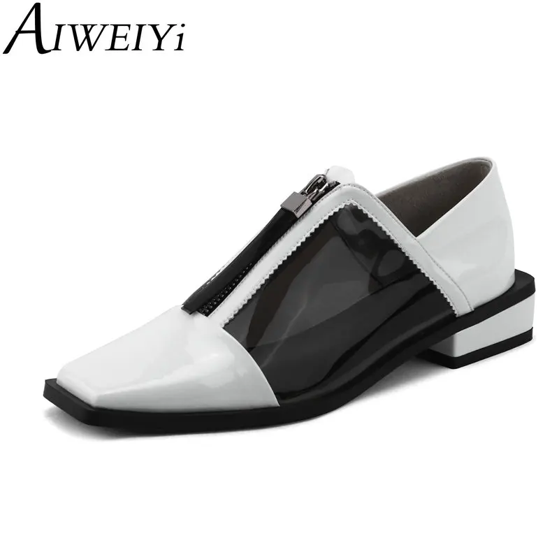 

AIWEIYi Genuine Leather High Heels for Women Clear PVC Zipper Platform Pumps