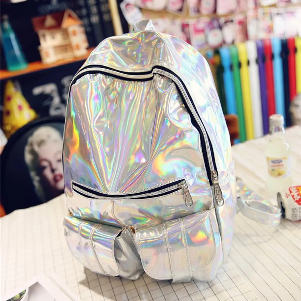 

Fashion Laser Backpack Students PU Backpack Casual School Travel Daypack Zipper Solid Silver Gold Purple Polyester