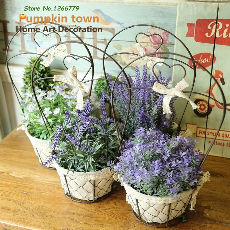 

2018 NEW Rustic style Iron Bow tie Flower Basket+Artificial Flower Lavender Set,Creative Simulation Plant Bonsai Floral Set