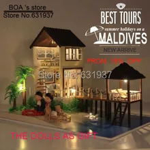 Бесплатный большой кукольный домик c Сделай Сам ручной работы Maldives Деревянный Кукольный дом все дома мебель в том числе 3D светодиодная световая игрушка подарок на день рождения