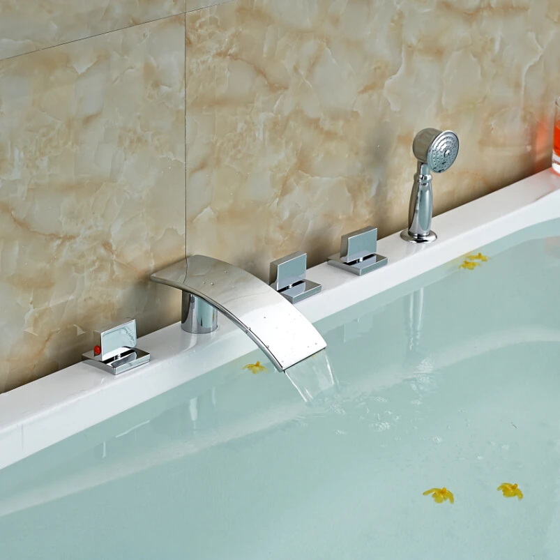 Polished Chrome Widespread Waterfall Roman Tub Mixer Taps Deck Mount 5pcs Bathtub Faucet Brass Handshower Polished Chrome Widespread Waterfall Roman Tub Mixer Taps Deck Mount 5pcs Bathtub Faucet Brass Handshower