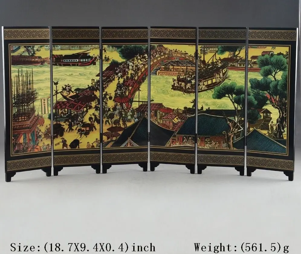 

CHINESE LACQUER WARE HAND PAINTING QINGMING FESTIVAL HOME SCREEN DECOR SUPERB