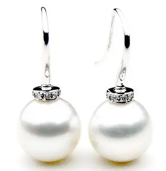 

a pair of 12mm round natural south seas white pearl earrings white gold