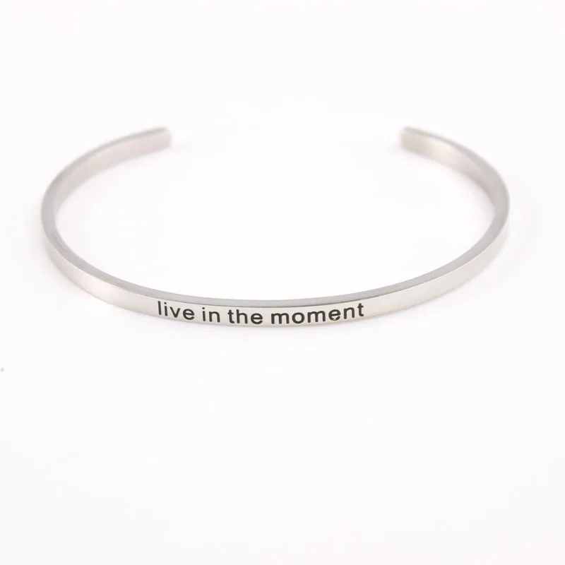 

Live in the moment Stainless Steel Engraved Positive Inspirational Quote Cuff bracelet Gold Mantra Bangle