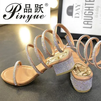 

2018 Fashion summer style Thick Heel gladiator sandals women Flat Sandals Snake Punk Rhinestone Women Sandals Wedding shoes