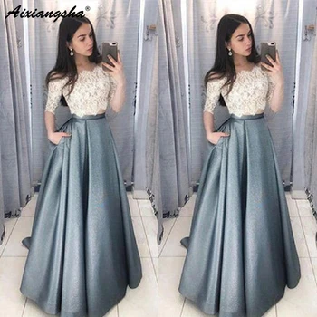 

Modest Lace Prom Dresses 2019 Half Sleeve Two Piece vestidos de gala A Line Imported Party Dress Formal Pagean Gowns For Women